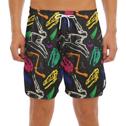 Colorful Dinosaur Fossil Pattern Print Men's Split Running Shorts