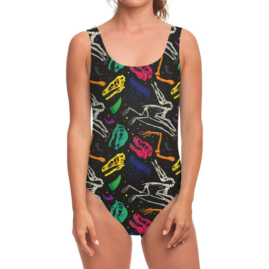 Colorful Dinosaur Fossil Pattern Print One Piece Swimsuit
