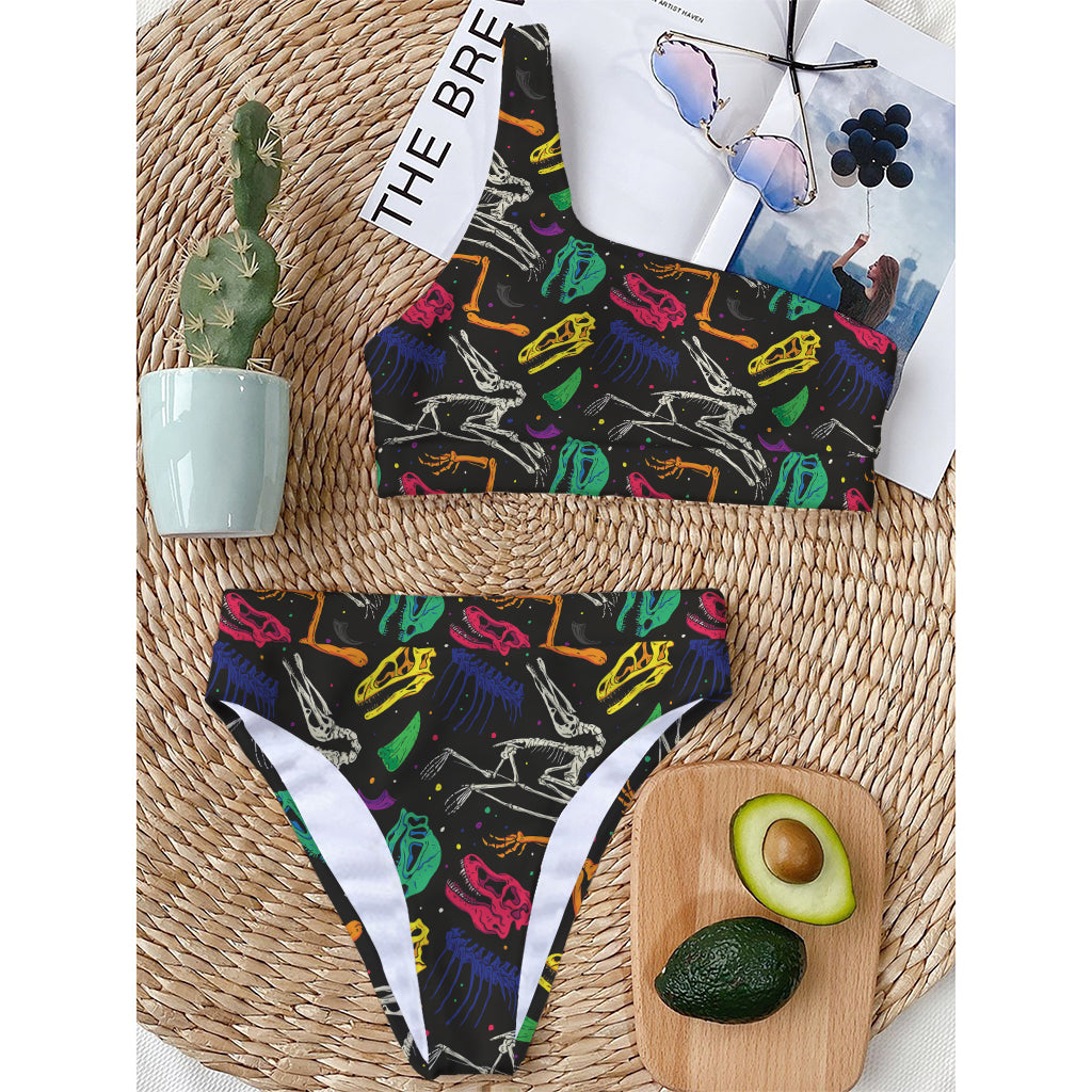 Colorful Dinosaur Fossil Pattern Print One Shoulder Bikini Top