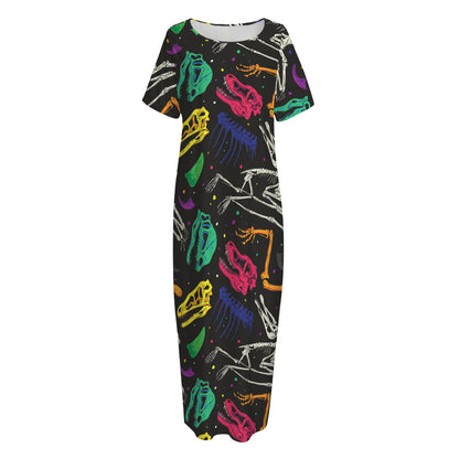 Colorful Dinosaur Fossil Pattern Print Short Sleeve Long Nightdress