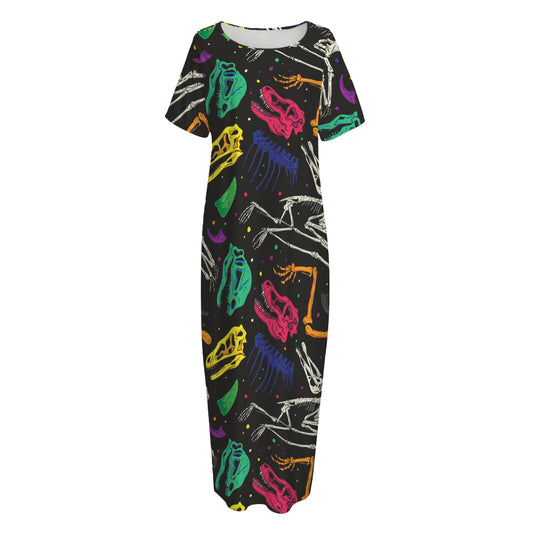 Colorful Dinosaur Fossil Pattern Print Short Sleeve Long Nightdress