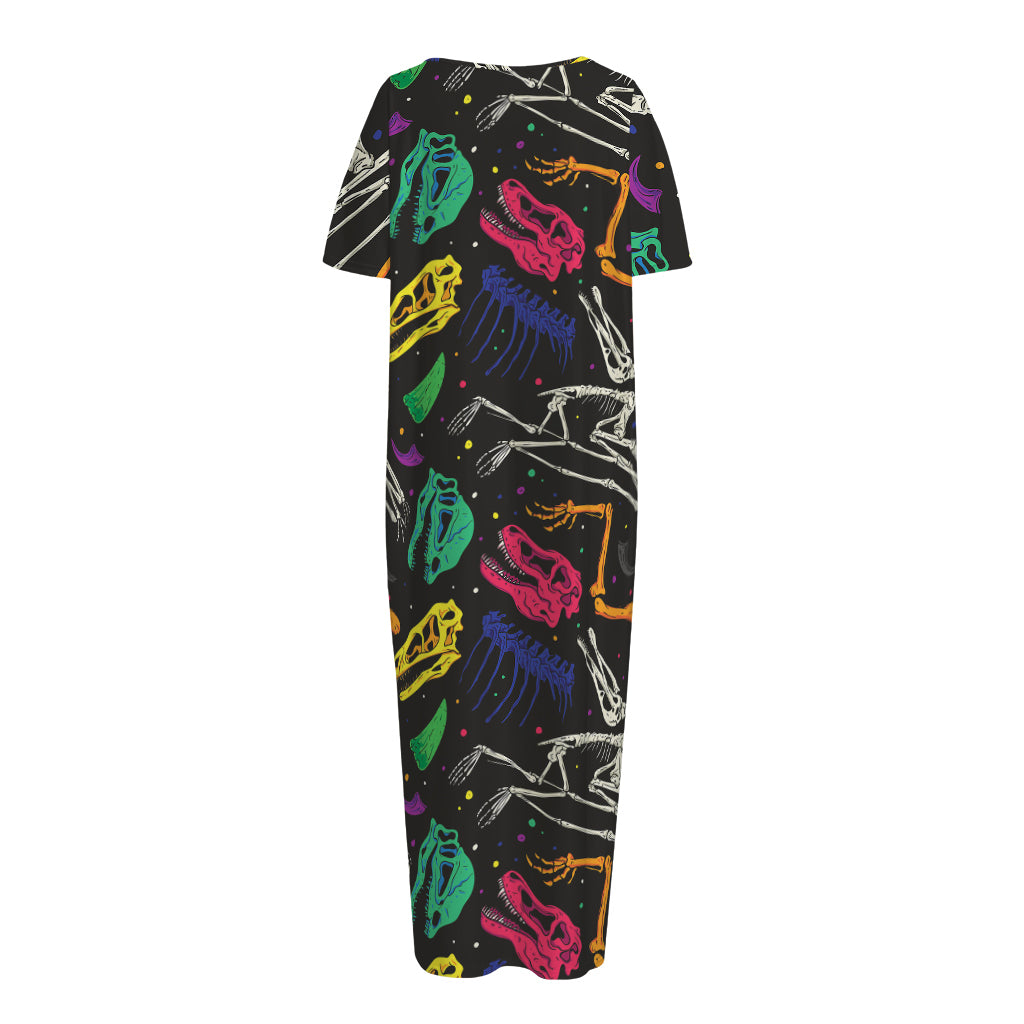 Colorful Dinosaur Fossil Pattern Print Short Sleeve Long Nightdress