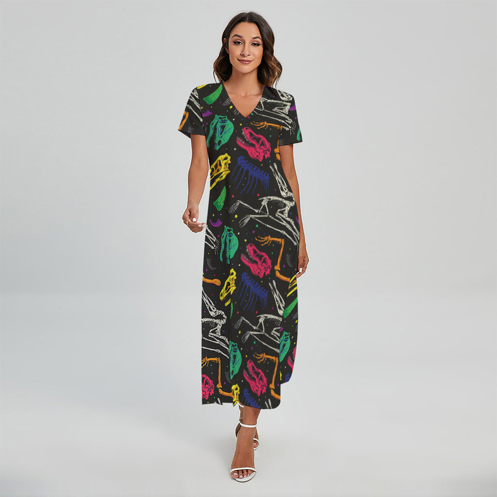Colorful Dinosaur Fossil Pattern Print Short Sleeve Maxi Dress