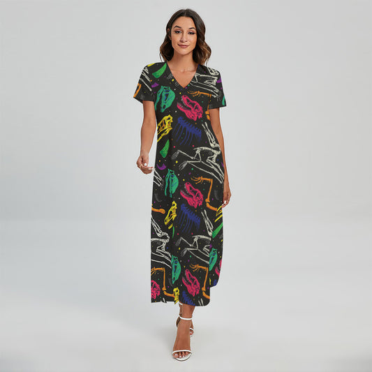 Colorful Dinosaur Fossil Pattern Print Short Sleeve Maxi Dress