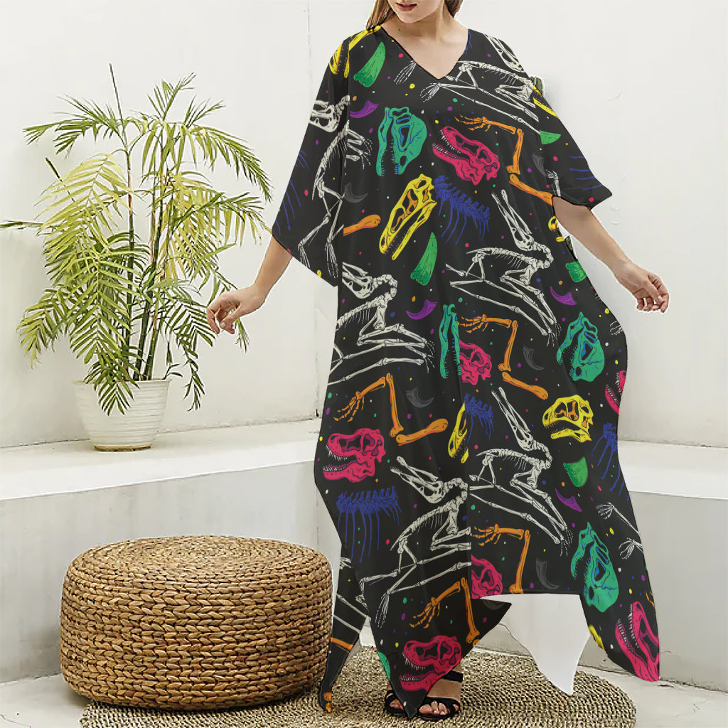 Colorful Dinosaur Fossil Pattern Print Silk V-Neck Kaftan Dress