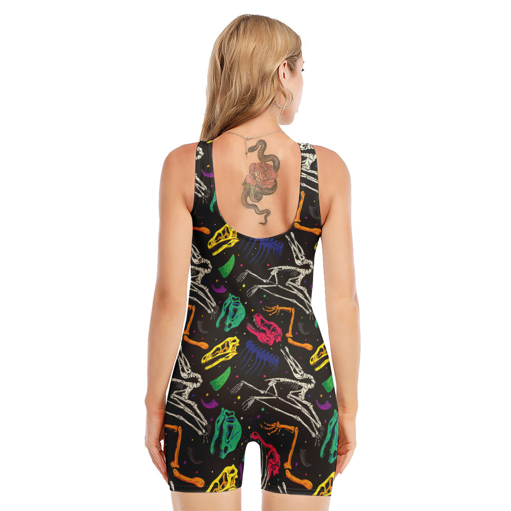 Colorful Dinosaur Fossil Pattern Print Sleeveless One Piece Swimsuit