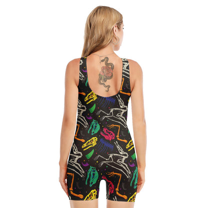 Colorful Dinosaur Fossil Pattern Print Sleeveless One Piece Swimsuit