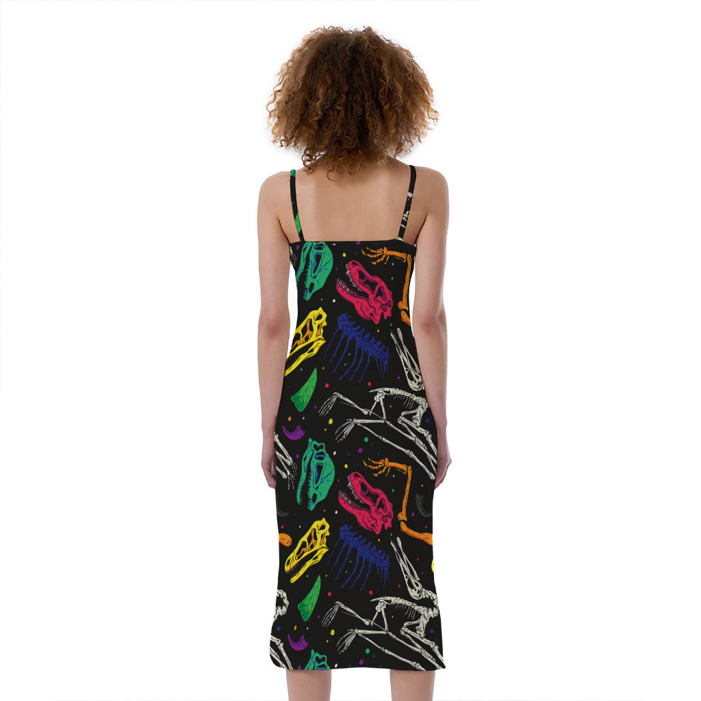 Colorful Dinosaur Fossil Pattern Print Slim Fit Midi Cami Dress