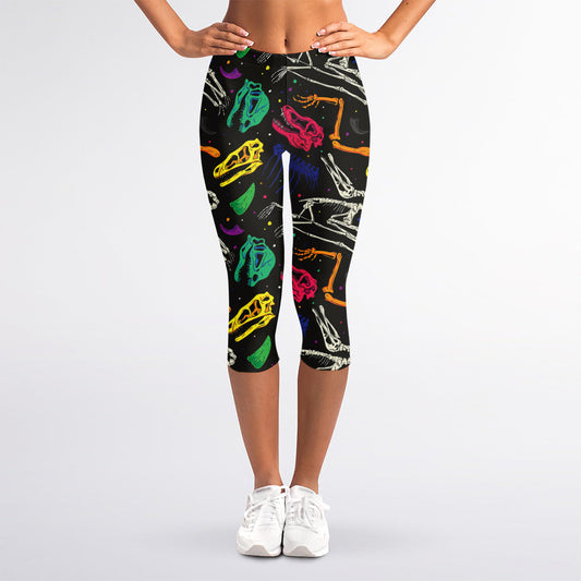 Colorful Dinosaur Fossil Pattern Print Women's Capri Leggings