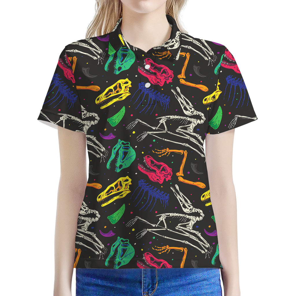 Colorful Dinosaur Fossil Pattern Print Women's Polo Shirt