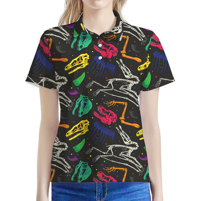 Colorful Dinosaur Fossil Pattern Print Women's Polo Shirt