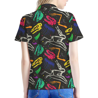 Colorful Dinosaur Fossil Pattern Print Women's Polo Shirt