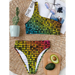 Colorful Disco Lights Pattern Print One Shoulder Bikini Top