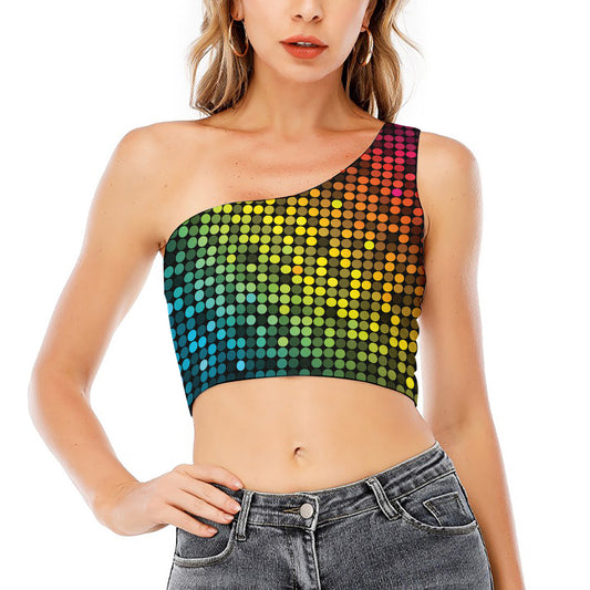 Colorful Disco Lights Pattern Print One Shoulder Crop Top
