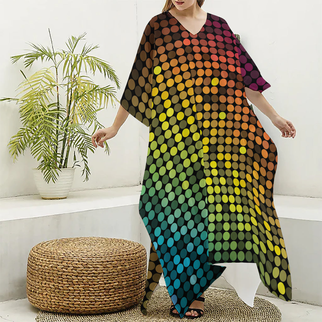 Colorful Disco Lights Pattern Print Silk V-Neck Kaftan Dress