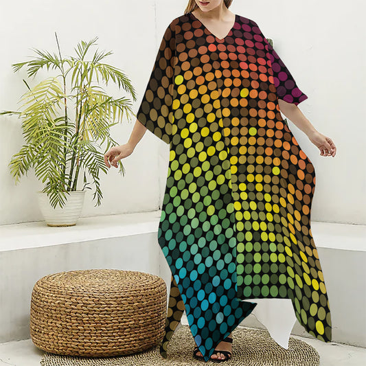 Colorful Disco Lights Pattern Print Silk V-Neck Kaftan Dress