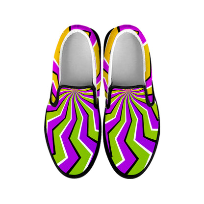 Colorful Dizzy Moving Optical Illusion Black Slip On Sneakers