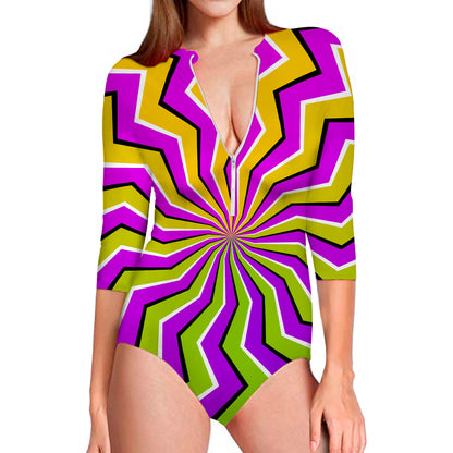 Colorful Dizzy Moving Optical Illusion Long Sleeve Swimsuit