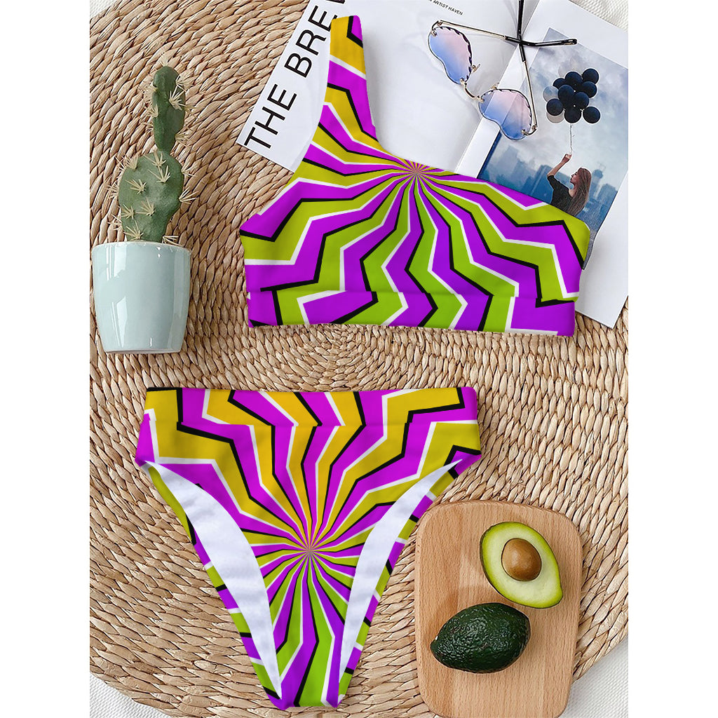 Colorful Dizzy Moving Optical Illusion One Shoulder Bikini Top