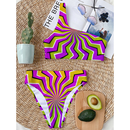 Colorful Dizzy Moving Optical Illusion One Shoulder Bikini Top