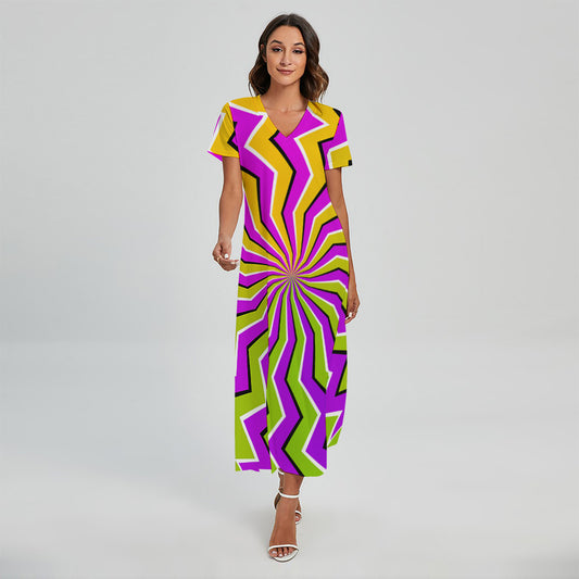 Colorful Dizzy Moving Optical Illusion Short Sleeve Maxi Dress