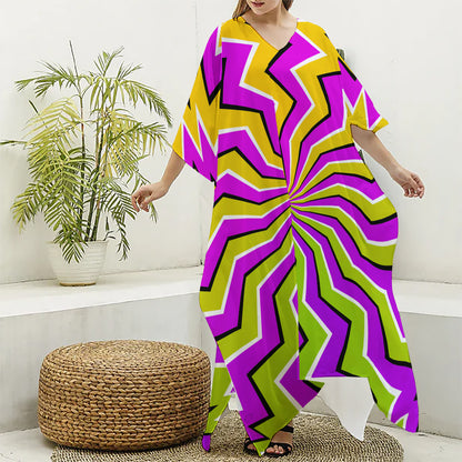 Colorful Dizzy Moving Optical Illusion Silk V-Neck Kaftan Dress