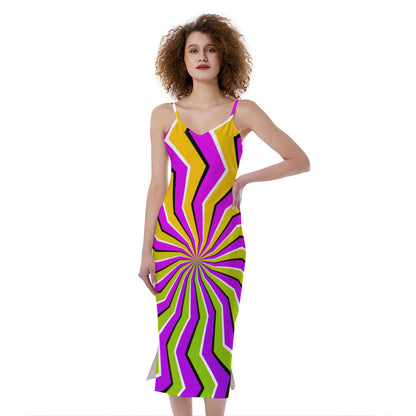 Colorful Dizzy Moving Optical Illusion Slim Fit Midi Cami Dress