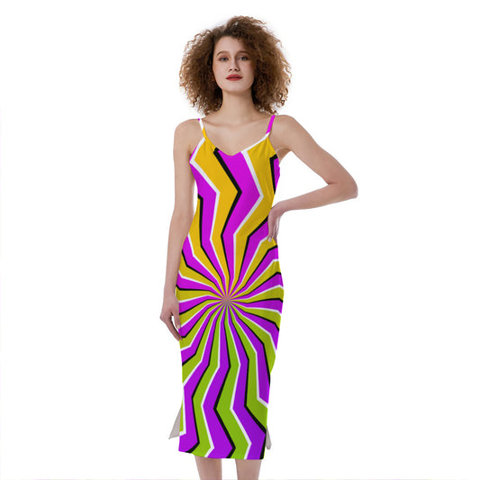 Colorful Dizzy Moving Optical Illusion Slim Fit Midi Cami Dress