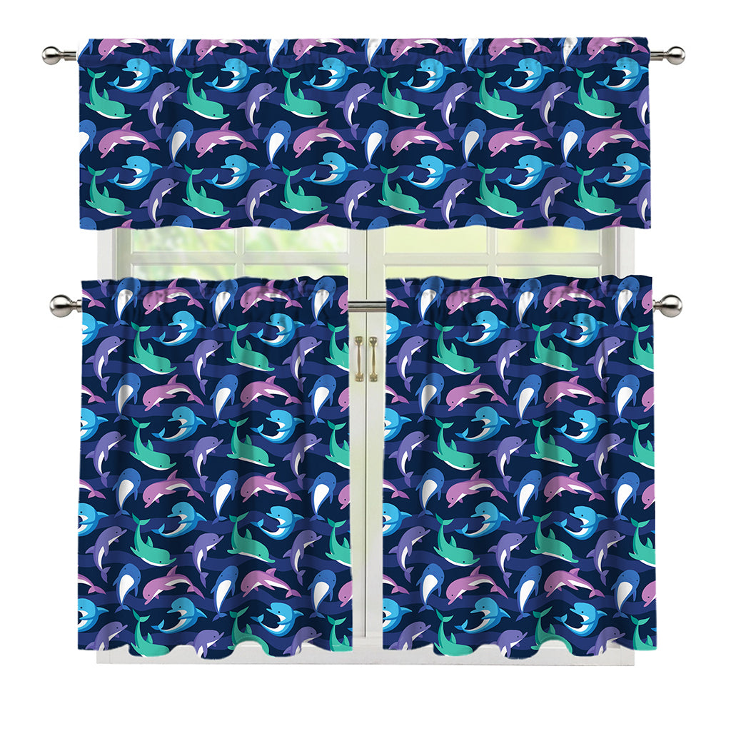 Colorful Dolphin Pattern Print 3 Piece Kitchen Curtains