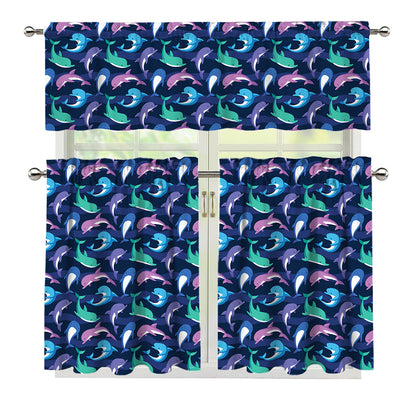 Colorful Dolphin Pattern Print 3 Piece Kitchen Curtains