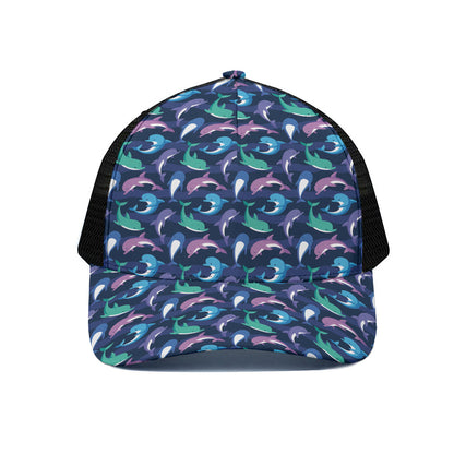 Colorful Dolphin Pattern Print Black Mesh Trucker Cap