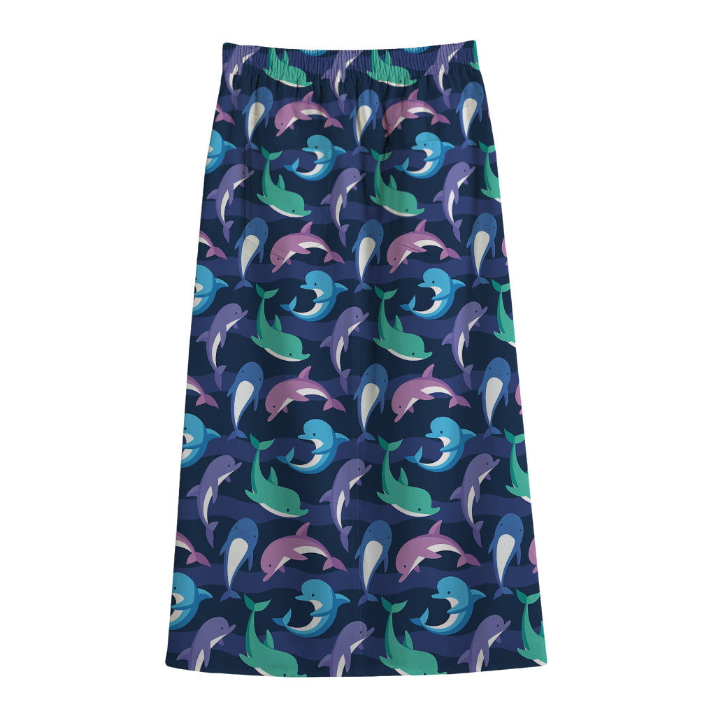 Colorful Dolphin Pattern Print Cotton Front Slit Maxi Skirt