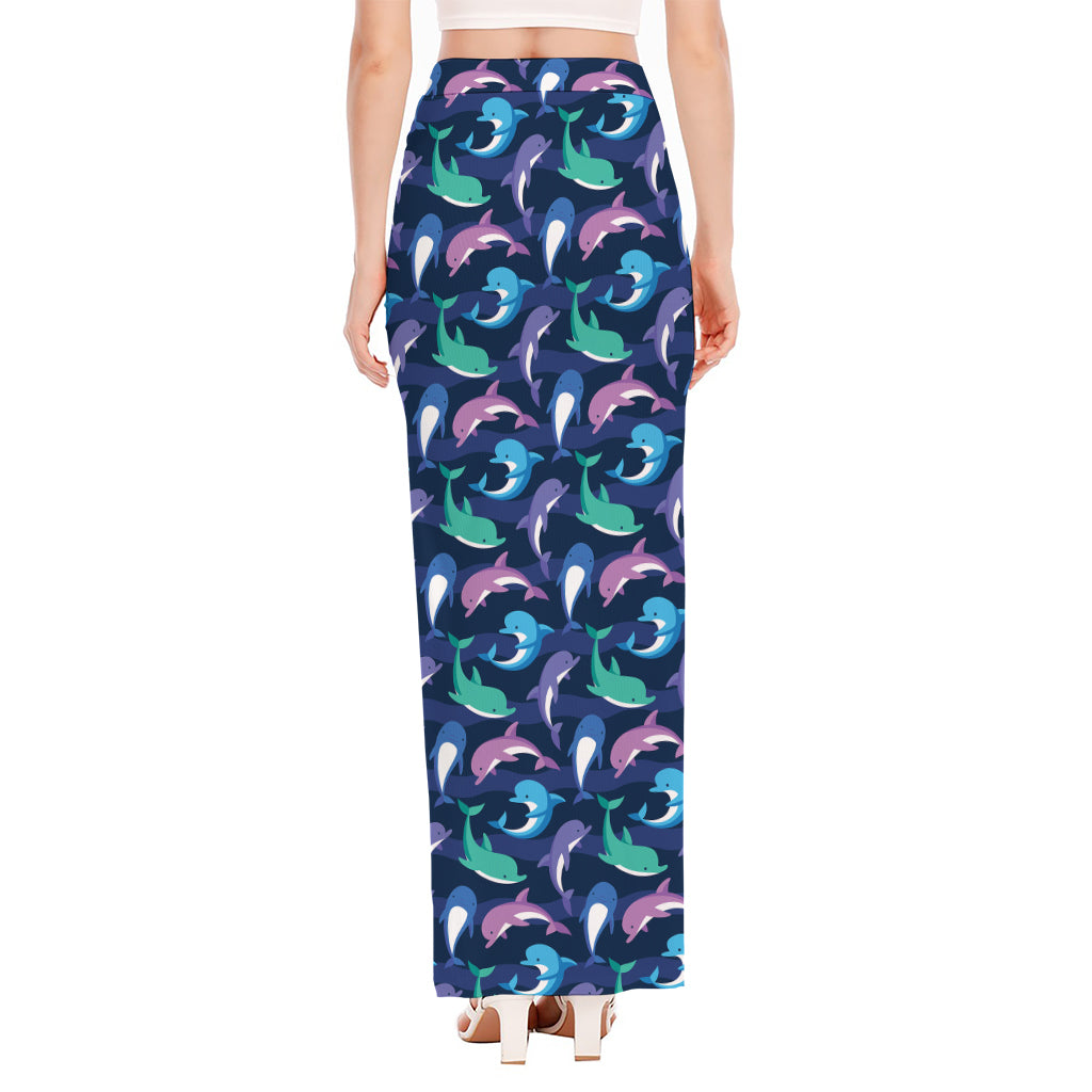 Colorful Dolphin Pattern Print High Slit Maxi Skirt