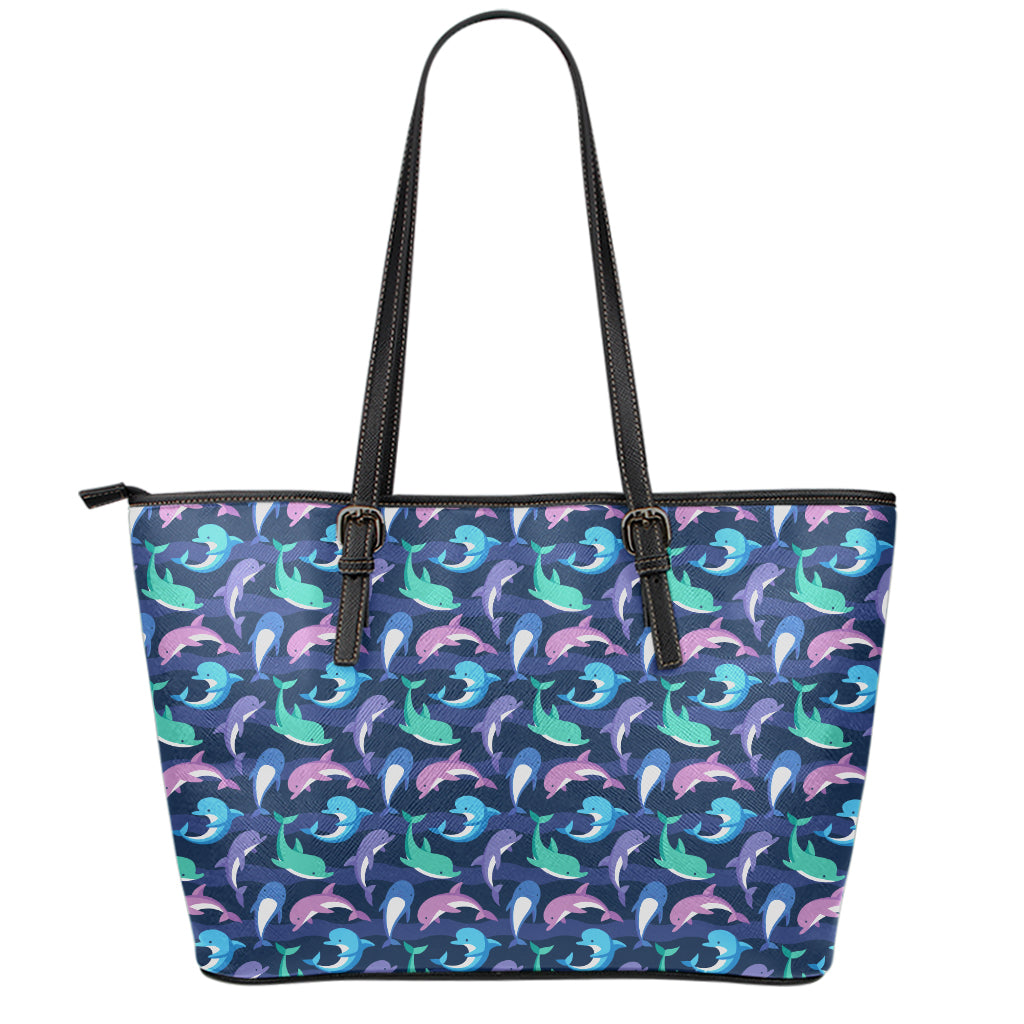 Colorful Dolphin Pattern Print Leather Tote Bag