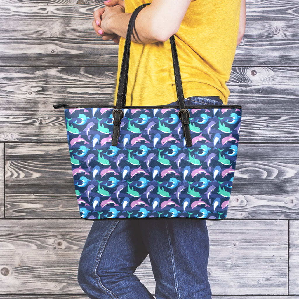 Colorful Dolphin Pattern Print Leather Tote Bag