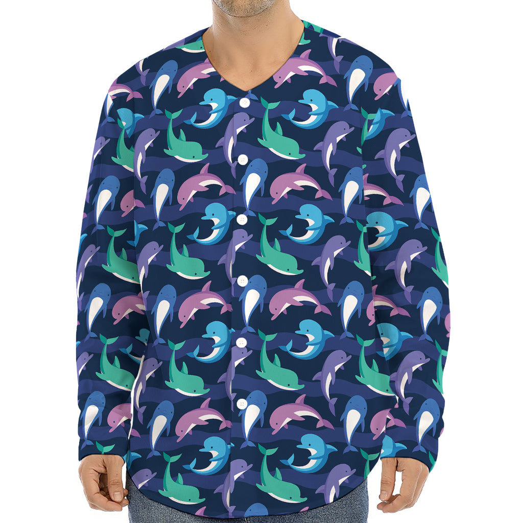 Colorful Dolphin Pattern Print Long Sleeve Baseball Jersey