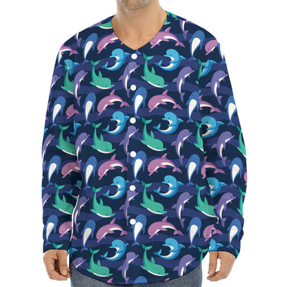 Colorful Dolphin Pattern Print Long Sleeve Baseball Jersey