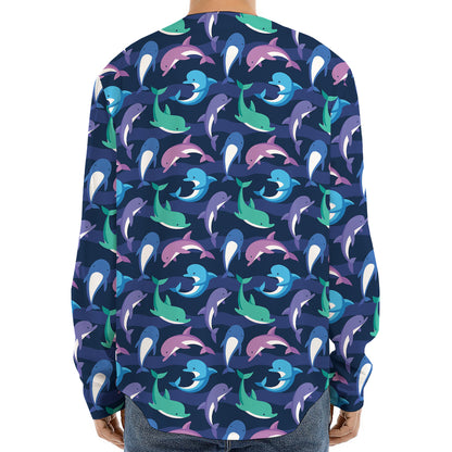 Colorful Dolphin Pattern Print Long Sleeve Baseball Jersey