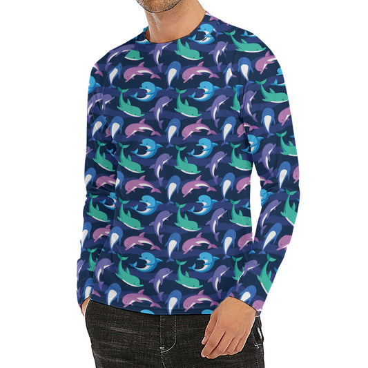 Colorful Dolphin Pattern Print Men's Long Sleeve Rash Guard