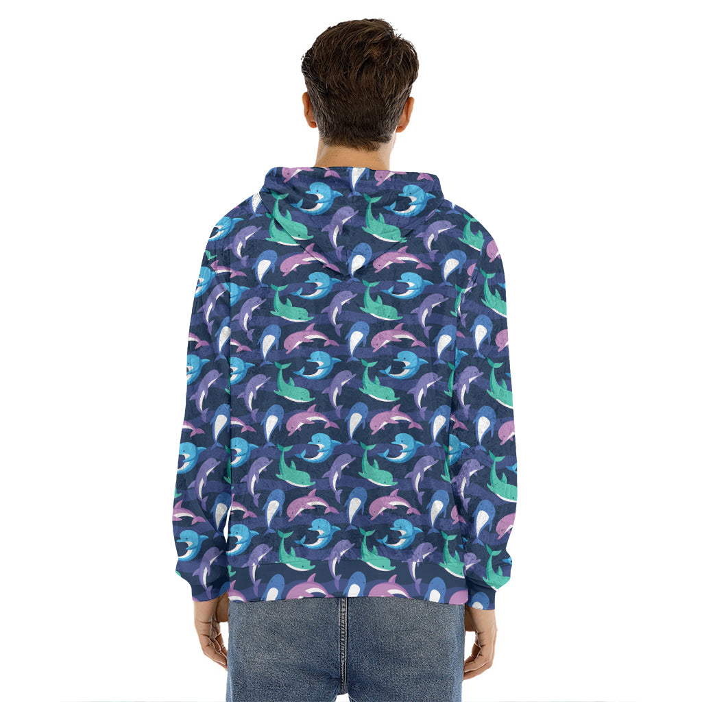 Colorful Dolphin Pattern Print Men's Velvet Pullover Hoodie