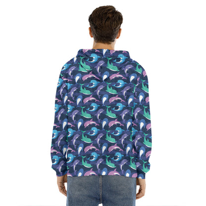 Colorful Dolphin Pattern Print Men's Velvet Pullover Hoodie