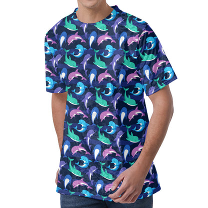 Colorful Dolphin Pattern Print Men's Velvet T-Shirt