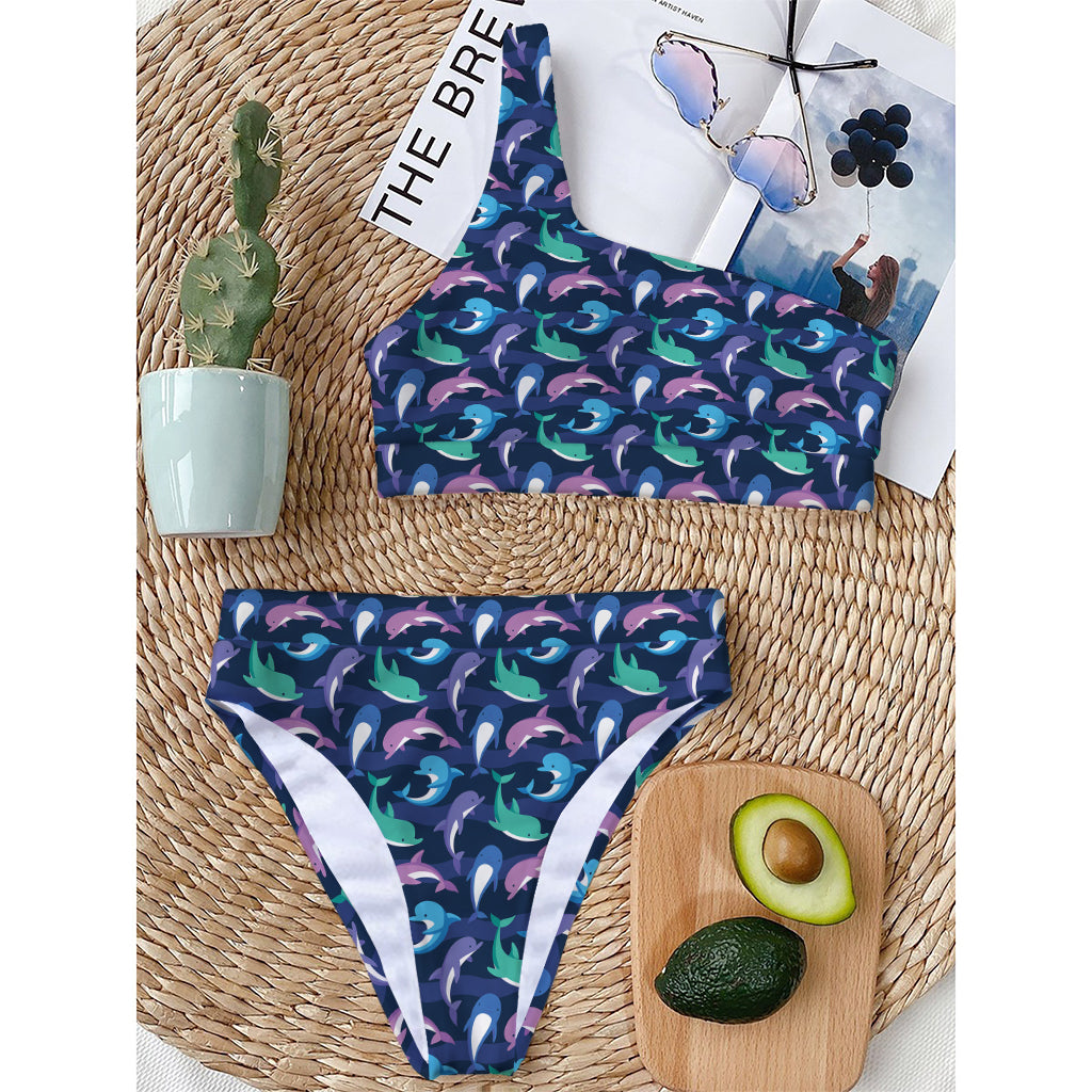 Colorful Dolphin Pattern Print One Shoulder Bikini Top