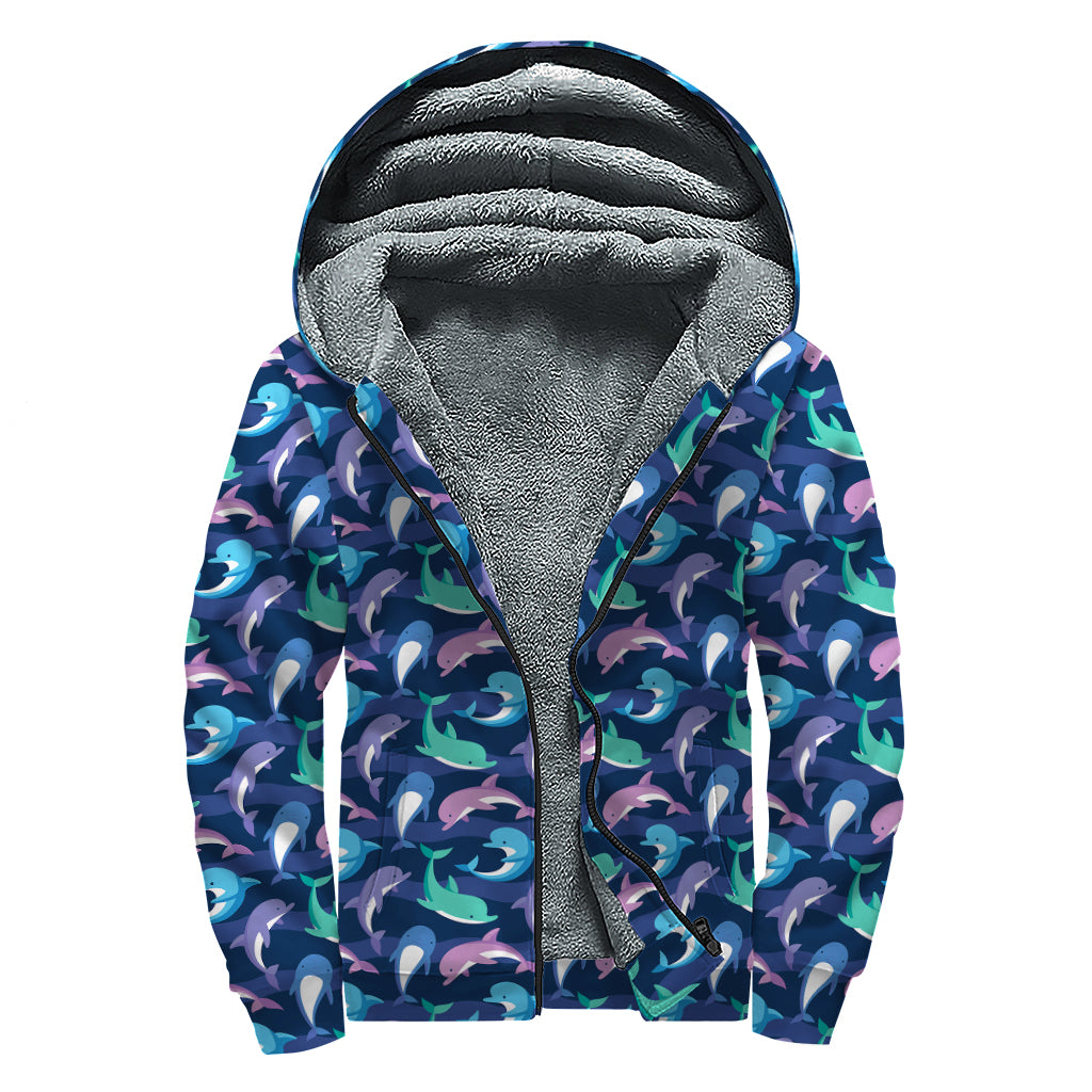 Colorful Dolphin Pattern Print Sherpa Lined Zip Up Hoodie