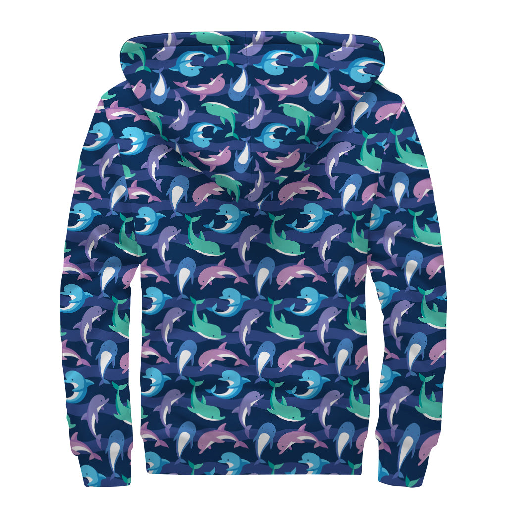 Colorful Dolphin Pattern Print Sherpa Lined Zip Up Hoodie
