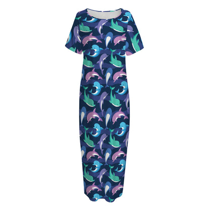 Colorful Dolphin Pattern Print Short Sleeve Long Nightdress