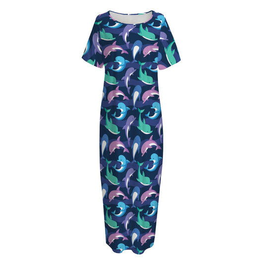 Colorful Dolphin Pattern Print Short Sleeve Long Nightdress