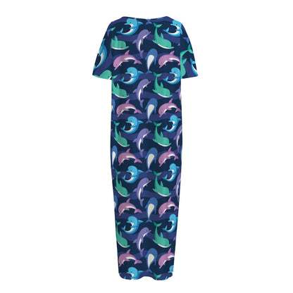 Colorful Dolphin Pattern Print Short Sleeve Long Nightdress