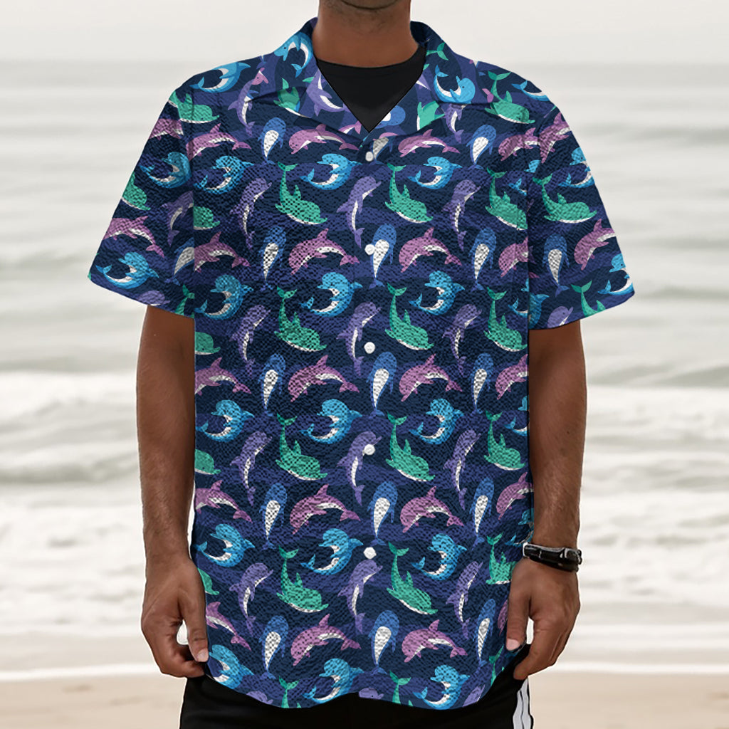 Colorful Dolphin Pattern Print Textured Short Sleeve Shirt