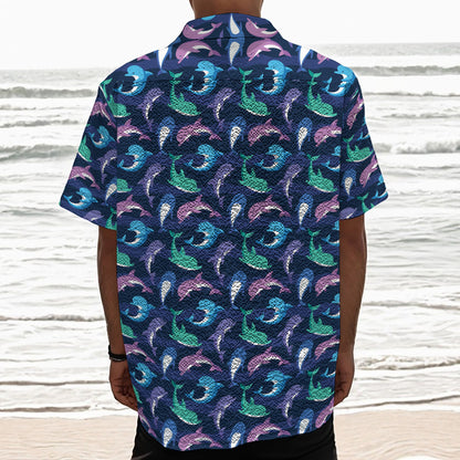 Colorful Dolphin Pattern Print Textured Short Sleeve Shirt